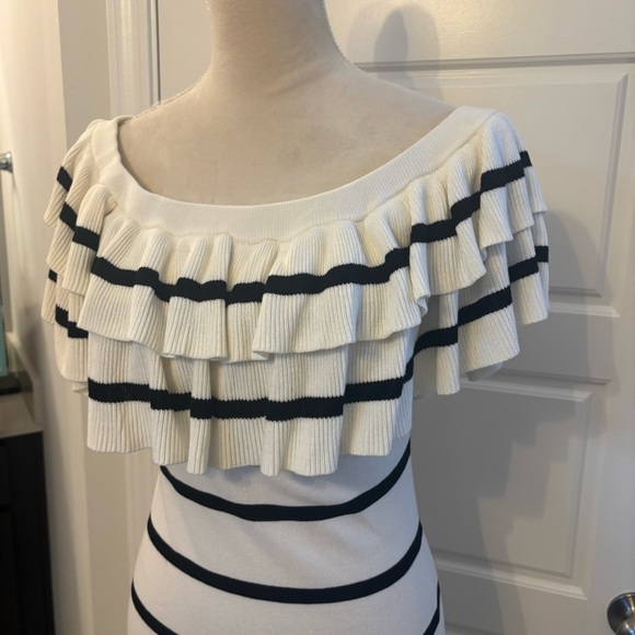 Line + Dot Black White Striped Off The Shoulder Ruffle Knit Midi Dress Medium - Picture 4 of 11